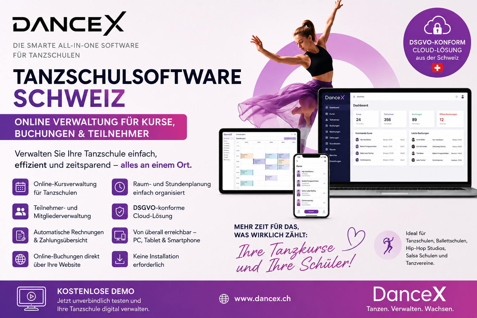 Tanzschulsoftware Schweiz – Online Verwaltung für Kurse, Buchungen & Teilnehmer | DanceX
