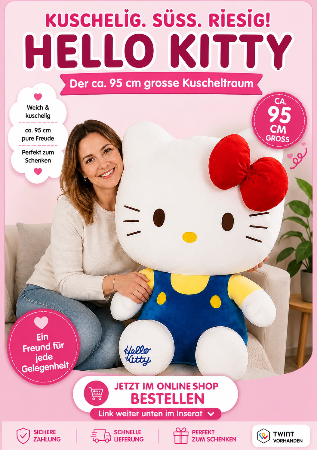 Hello Kitty XXL Kuscheltier ca. 95 cm grosses Plüschtier Geschenkidee für Kinder Jugendliche und Erwachsene mit Hello Kitty Schriftzug auf der Pfote