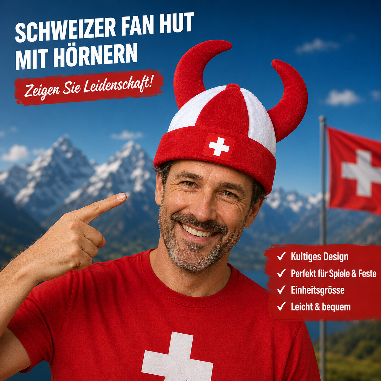 🇨🇭 Kultiger Schweiz Fan Hut mit Hörnern für Fussball und Public Viewing 😎