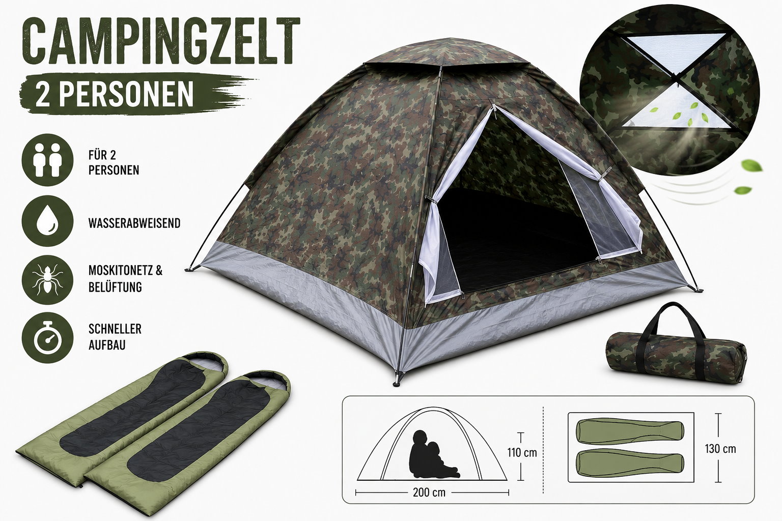 🏕️ Kuppelzelt für 2 Personen im Camouflage-Look